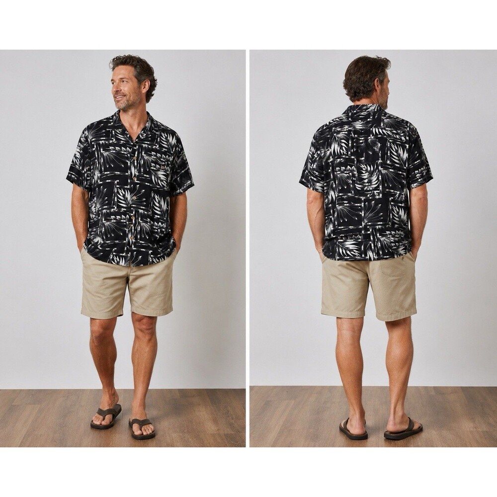 Puritan Hawaiian Shirt Men L  Dark Blue White 100% Rayon Summer Vacation Camp